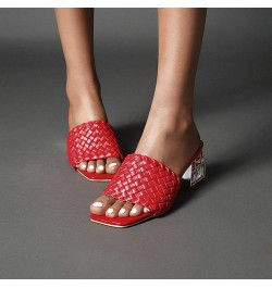 Womens Rhinestone Chunky Heels Slide Sandals Braided Square Peep Toe Slip on Mules Shoes Red $26.85 Sandals