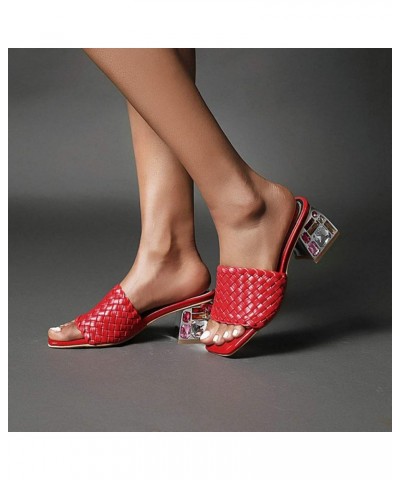 Womens Rhinestone Chunky Heels Slide Sandals Braided Square Peep Toe Slip on Mules Shoes Red $26.85 Sandals