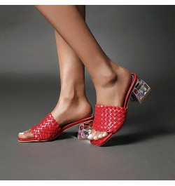 Womens Rhinestone Chunky Heels Slide Sandals Braided Square Peep Toe Slip on Mules Shoes Red $26.85 Sandals