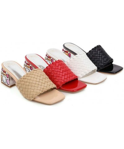 Womens Rhinestone Chunky Heels Slide Sandals Braided Square Peep Toe Slip on Mules Shoes Red $26.85 Sandals