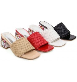 Womens Rhinestone Chunky Heels Slide Sandals Braided Square Peep Toe Slip on Mules Shoes Red $26.85 Sandals