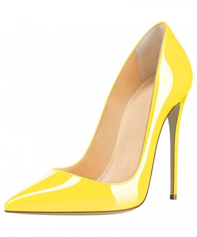 Womens High Stilettos Heels Pointed Toe Pumps Slip-on 5 Inch Sky High Slim Thin Heel Dress Shoes Patent Yellow $33.59 Pumps