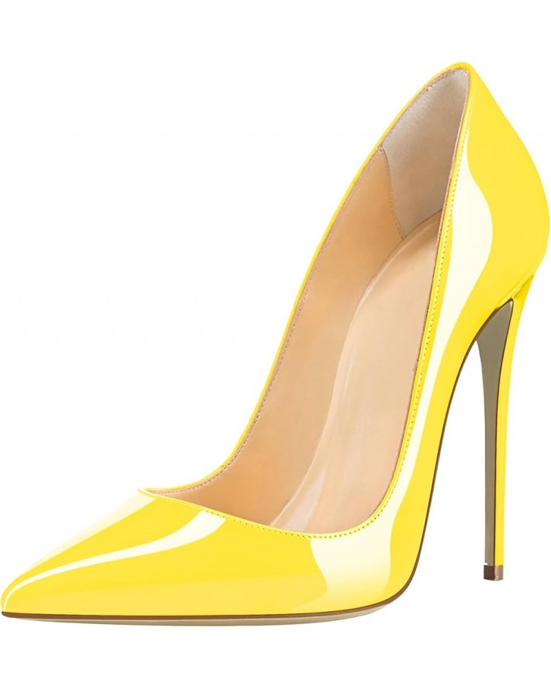 Womens High Stilettos Heels Pointed Toe Pumps Slip-on 5 Inch Sky High Slim Thin Heel Dress Shoes Patent Yellow $33.59 Pumps