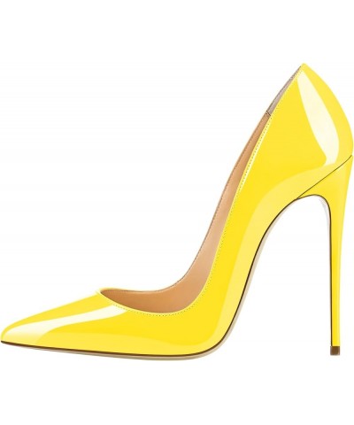 Womens High Stilettos Heels Pointed Toe Pumps Slip-on 5 Inch Sky High Slim Thin Heel Dress Shoes Patent Yellow $33.59 Pumps