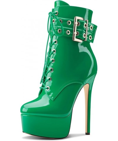 Womens Stiletto High Heel Platform Ankle Boots Round Toe Lace-up Zipper Mid Calf Buckle Patent Leather Dress Booties Green $3...