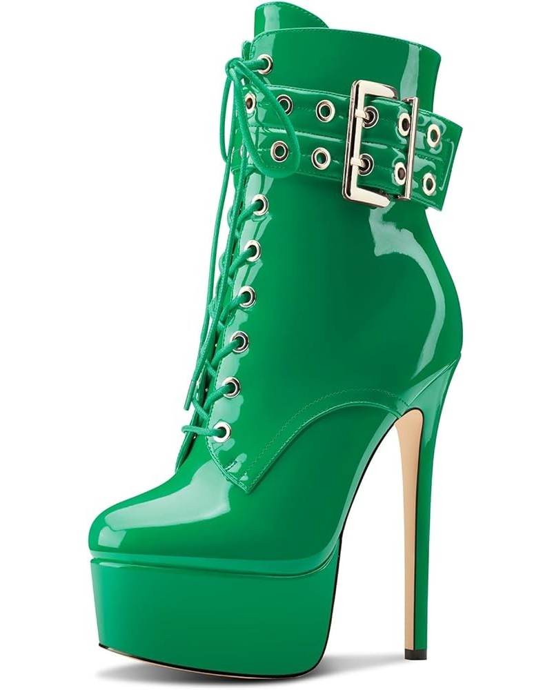 Womens Stiletto High Heel Platform Ankle Boots Round Toe Lace-up Zipper Mid Calf Buckle Patent Leather Dress Booties Green $3...