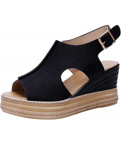 38 Sandals Women Ladies Fashion Solid Color Hollow Out Leather Open Toe Buckle Wedge Heel Sandals (Black, 6.5) 7 Black $19.59...