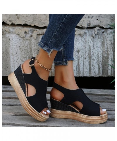 38 Sandals Women Ladies Fashion Solid Color Hollow Out Leather Open Toe Buckle Wedge Heel Sandals (Black, 6.5) 7 Black $19.59...