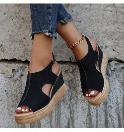 38 Sandals Women Ladies Fashion Solid Color Hollow Out Leather Open Toe Buckle Wedge Heel Sandals (Black, 6.5) 7 Black $19.59...