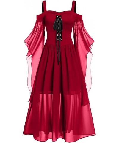 Womens Renaissance Cosplay Costume Medieval Irish Over Dress Fairy Costume Cold Shoulder Butterfly Sleeve Dress 2-red $10.99 ...