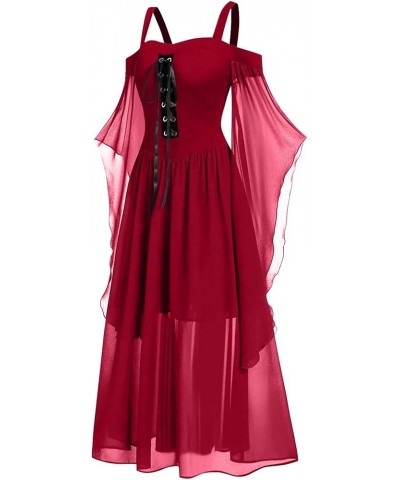 Womens Renaissance Cosplay Costume Medieval Irish Over Dress Fairy Costume Cold Shoulder Butterfly Sleeve Dress 2-red $10.99 ...