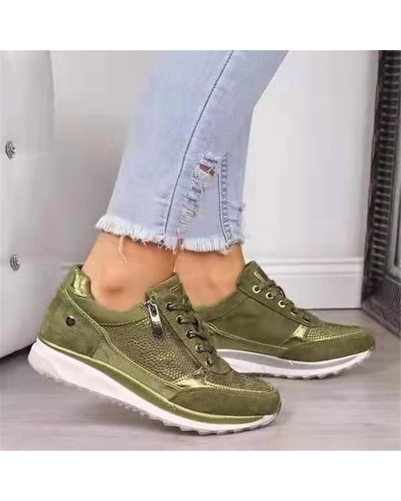 Women Gold Sneakers Zipper Platform Trainers Shoes Casual Lace-Up Sneakers Green $23.80 Fashion Sneakers