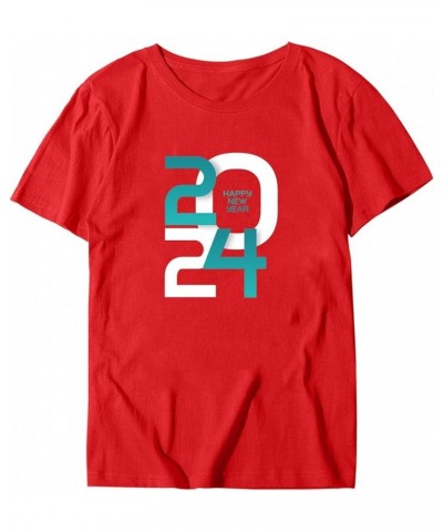 Women Round Neck Short Sleeve New Year Printing Casual Tops T Shirt Space Pack Red $11.33 Work & Safety Shoes