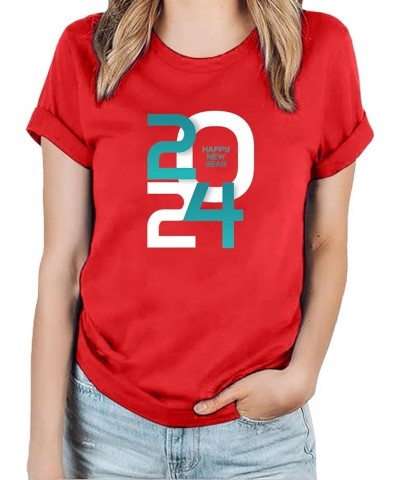 Women Round Neck Short Sleeve New Year Printing Casual Tops T Shirt Space Pack Red $11.33 Work & Safety Shoes