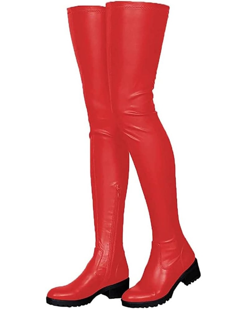 Womens Stretch Thigh High Boots Low Chunky Heel Sexy Zipper Round Toe Over The Knee High Riding Boots 35 for women A-red $32....