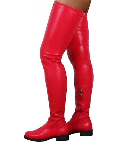 Womens Stretch Thigh High Boots Low Chunky Heel Sexy Zipper Round Toe Over The Knee High Riding Boots 35 for women A-red $32....