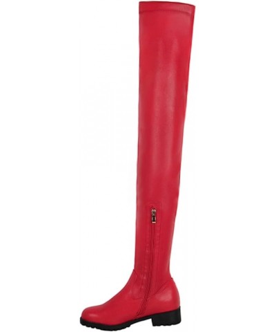 Womens Stretch Thigh High Boots Low Chunky Heel Sexy Zipper Round Toe Over The Knee High Riding Boots 35 for women A-red $32....