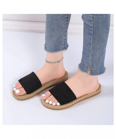 Ladies Fashion Solid Color Suede Strap Straw Woven Bottom Flat Open Toe Slippers Womens Fuzzy Slippers Leopard Black $13.98 S...