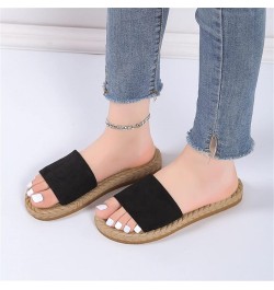 Ladies Fashion Solid Color Suede Strap Straw Woven Bottom Flat Open Toe Slippers Womens Fuzzy Slippers Leopard Black $13.98 S...