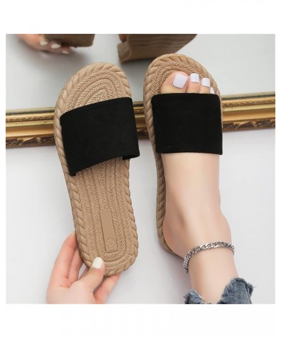 Ladies Fashion Solid Color Suede Strap Straw Woven Bottom Flat Open Toe Slippers Womens Fuzzy Slippers Leopard Black $13.98 S...