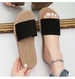 Ladies Fashion Solid Color Suede Strap Straw Woven Bottom Flat Open Toe Slippers Womens Fuzzy Slippers Leopard Black $13.98 S...