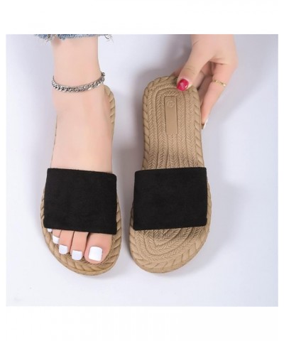 Ladies Fashion Solid Color Suede Strap Straw Woven Bottom Flat Open Toe Slippers Womens Fuzzy Slippers Leopard Black $13.98 S...