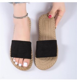 Ladies Fashion Solid Color Suede Strap Straw Woven Bottom Flat Open Toe Slippers Womens Fuzzy Slippers Leopard Black $13.98 S...