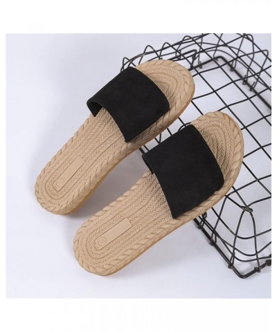 Ladies Fashion Solid Color Suede Strap Straw Woven Bottom Flat Open Toe Slippers Womens Fuzzy Slippers Leopard Black $13.98 S...