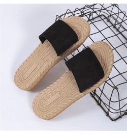 Ladies Fashion Solid Color Suede Strap Straw Woven Bottom Flat Open Toe Slippers Womens Fuzzy Slippers Leopard Black $13.98 S...