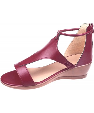 Leather Sandals Low Wedges Walking Strappy Slip on Sandals Fashion Summer Strappy Sandals Comfortable Beach Shoes Wine $12.54...