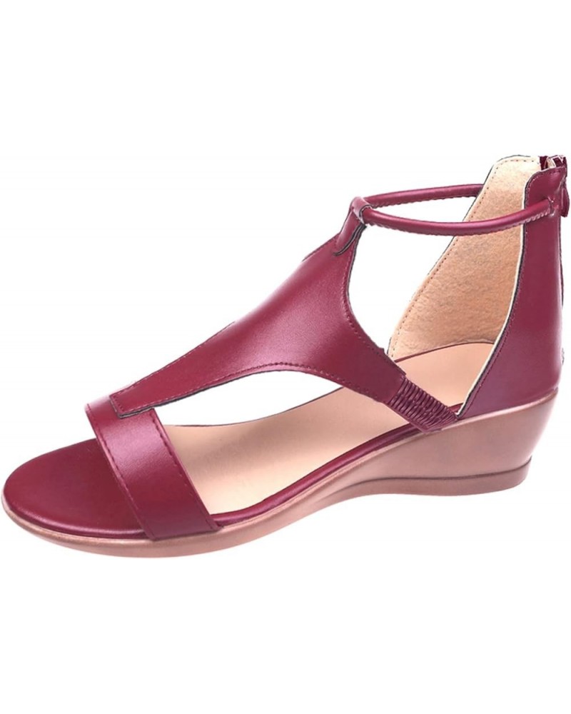 Leather Sandals Low Wedges Walking Strappy Slip on Sandals Fashion Summer Strappy Sandals Comfortable Beach Shoes Wine $12.54...