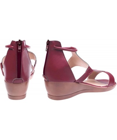 Leather Sandals Low Wedges Walking Strappy Slip on Sandals Fashion Summer Strappy Sandals Comfortable Beach Shoes Wine $12.54...