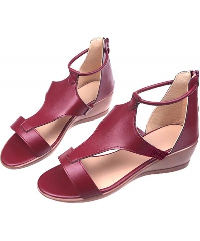 Leather Sandals Low Wedges Walking Strappy Slip on Sandals Fashion Summer Strappy Sandals Comfortable Beach Shoes Wine $12.54...