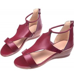 Leather Sandals Low Wedges Walking Strappy Slip on Sandals Fashion Summer Strappy Sandals Comfortable Beach Shoes Wine $12.54...