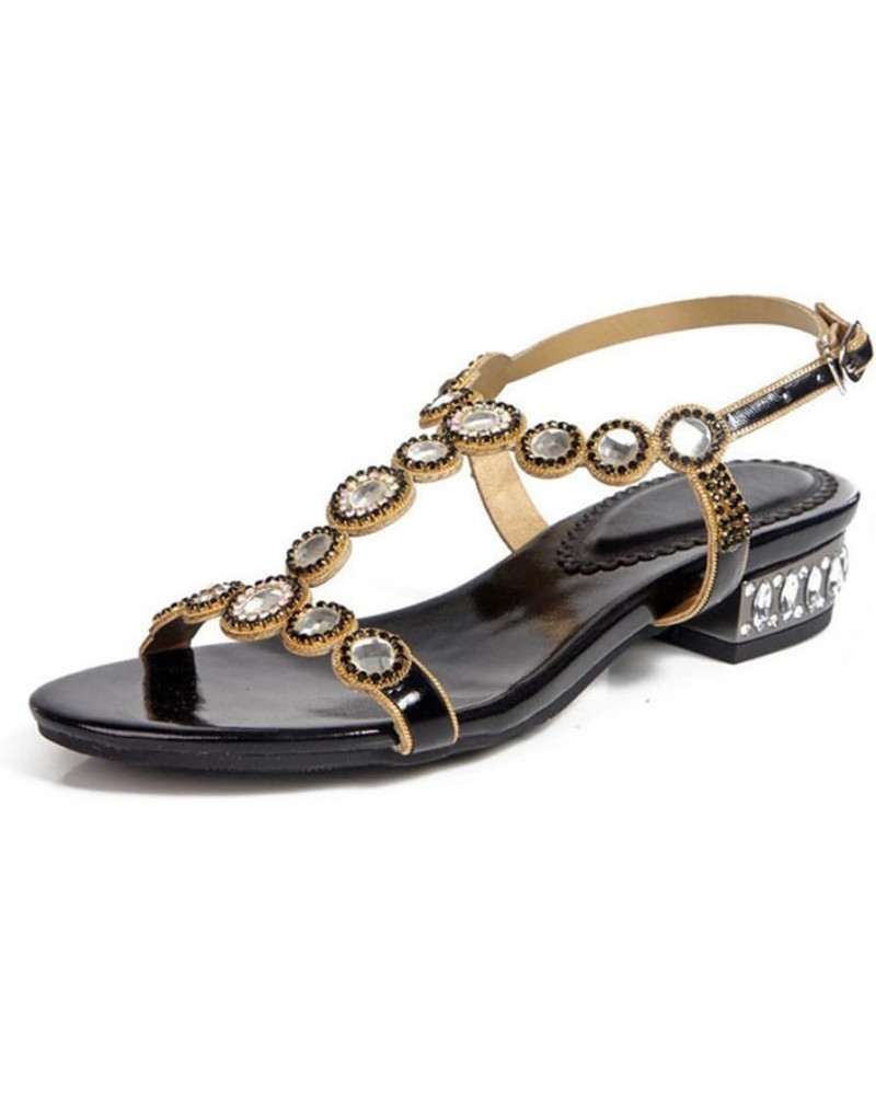 Women Rhinestone Sandals T-Strap Square Heel Low-Heeled Sandals Party Shoes Back Buckle Shoes 12 Black $48.22 Sandals