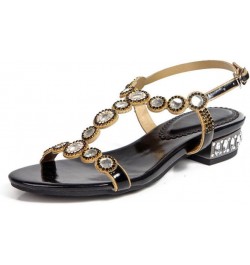 Women Rhinestone Sandals T-Strap Square Heel Low-Heeled Sandals Party Shoes Back Buckle Shoes 12 Black $48.22 Sandals