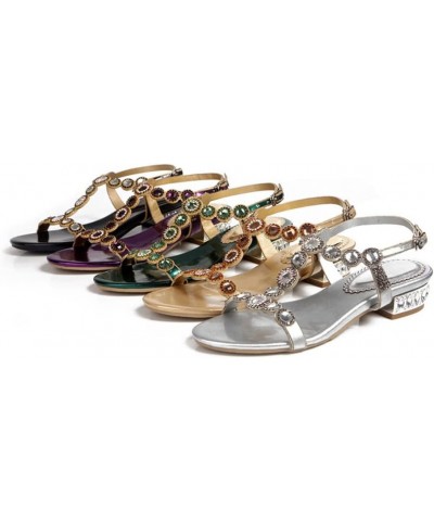 Women Rhinestone Sandals T-Strap Square Heel Low-Heeled Sandals Party Shoes Back Buckle Shoes 12 Black $48.22 Sandals