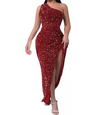 Women's One Shoulder Sexy Sleeveless Bodycon Dress Sequin High Slit Party Cocktail Long Formal Dress Red $27.92 Outdoor Shoes