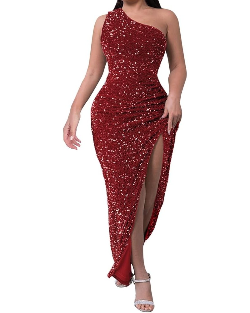 Women's One Shoulder Sexy Sleeveless Bodycon Dress Sequin High Slit Party Cocktail Long Formal Dress Red $27.92 Outdoor Shoes