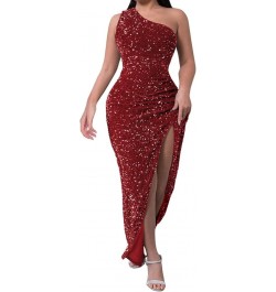 Women's One Shoulder Sexy Sleeveless Bodycon Dress Sequin High Slit Party Cocktail Long Formal Dress Red $27.92 Outdoor Shoes