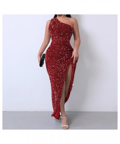 Women's One Shoulder Sexy Sleeveless Bodycon Dress Sequin High Slit Party Cocktail Long Formal Dress Red $27.92 Outdoor Shoes