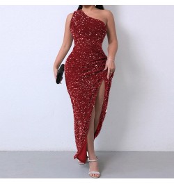 Women's One Shoulder Sexy Sleeveless Bodycon Dress Sequin High Slit Party Cocktail Long Formal Dress Red $27.92 Outdoor Shoes