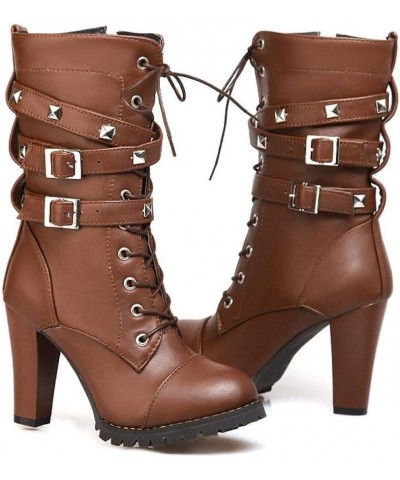 Women's High Heel Mid Calf Boots Lace-Up Strappy Punk Style Booties Round Toe PU Leather Shoes Brown $31.71 Boots