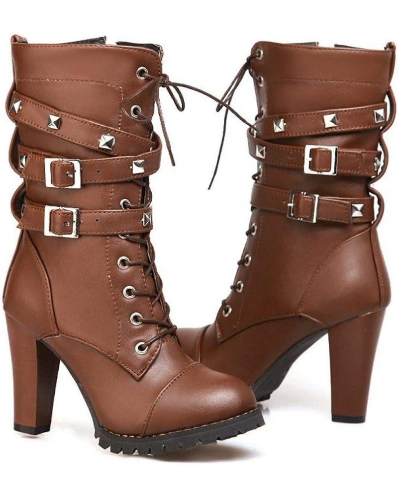 Women's High Heel Mid Calf Boots Lace-Up Strappy Punk Style Booties Round Toe PU Leather Shoes Brown $31.71 Boots