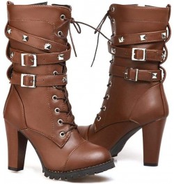 Women's High Heel Mid Calf Boots Lace-Up Strappy Punk Style Booties Round Toe PU Leather Shoes Brown $31.71 Boots