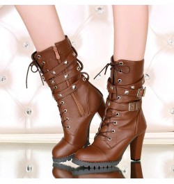 Women's High Heel Mid Calf Boots Lace-Up Strappy Punk Style Booties Round Toe PU Leather Shoes Brown $31.71 Boots