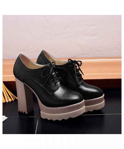 Women High Block Heel Platform Loafers Lace Up Round Toe High Chunky Stacked Heels Pumps Dress Shoes Burnished Matte Leather ...