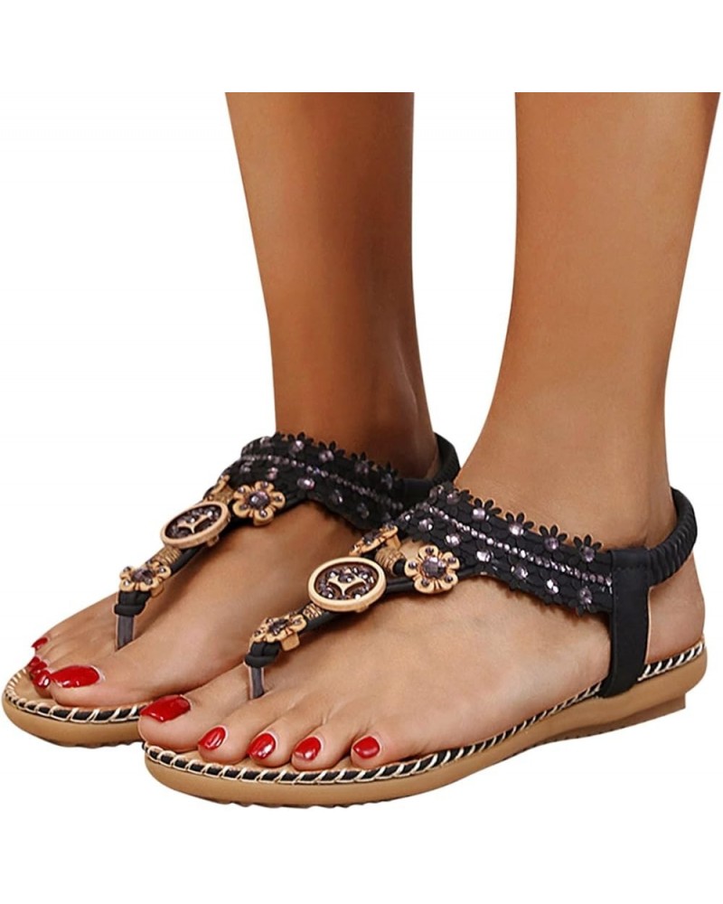 Women Flat Sandals,Summer Beach Rhinestone T-Strap Elastic Strap Shoes Bohemian Thong Flip Flop Gladiator Shoes 6 Black $13.4...