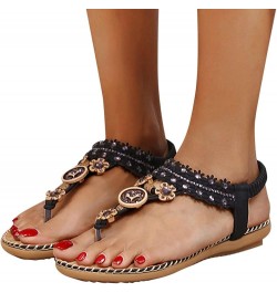 Women Flat Sandals,Summer Beach Rhinestone T-Strap Elastic Strap Shoes Bohemian Thong Flip Flop Gladiator Shoes 6 Black $13.4...