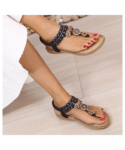 Women Flat Sandals,Summer Beach Rhinestone T-Strap Elastic Strap Shoes Bohemian Thong Flip Flop Gladiator Shoes 6 Black $13.4...